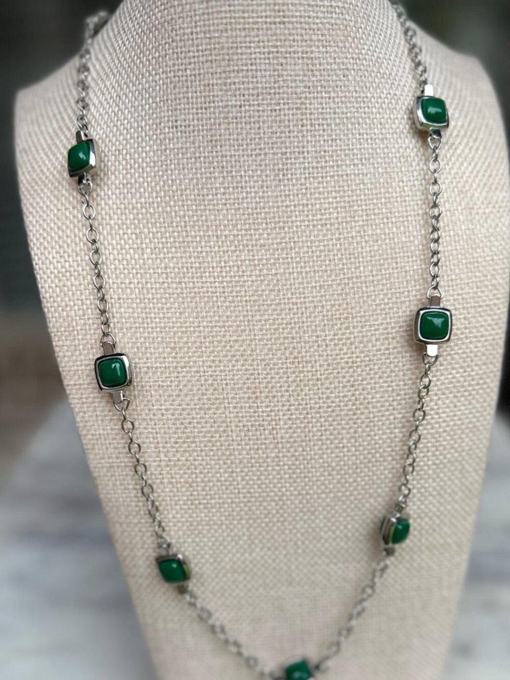 Talbots Single Strand Necklace Silver Tone with Jade Green Beads Long Adjustable